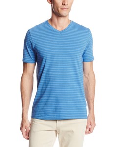Brand-New-Perry-Ellis-Striped-Bay-Blue-V-Neck-T-Shirt-100-Extrafine-Cotton