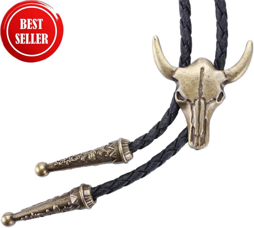 Western Vintage Bolo Tie for Men - Cow Skull Design Cowboy Tie - Black Leather B