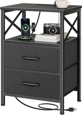 Night Stand with Charger Station, 2 Drawer Nightstand with Open Shelf, Bed Side