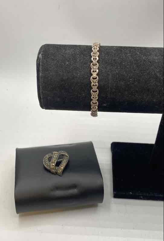 Sterling Silver Assorted Marcasite Bracelet & Brooch Jewelry Bundle 2 pcs.