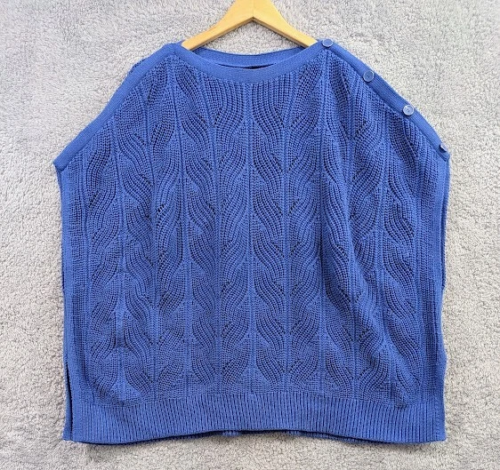 Talbots Chevron Pointelle Cable Knit Draped Poncho XS/S Blue Sleeveless