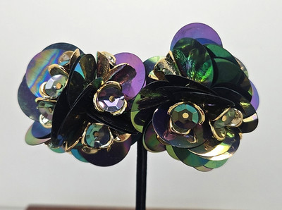 Rare 80s Iridescent Mylar Disk Cluster  Gold Tone Large Flowers Clip On Earrings