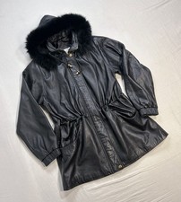VTG Mob Wife Y2K Fur Hood Lambskin Leather Parka Jacket XL 90s Russian NYC Noir
