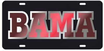 ALABAMA CRIMSON TIDE MIRROR CAR TAG BLACK W/ RED BAMA SILVER OUTLINE LASER CUT