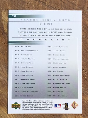 イチロー　SEASON HIGHLIGHT CHECKLIST カード 2002 Upper Deck Ichiro Season Highlights Checklist #738 NM-MT