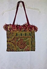 Floral Tote Bag Purse Woven Tapestry Fabric Fringed Multi Colored Heavy 12x10.5"
