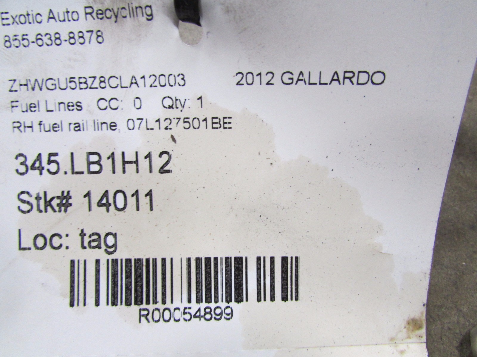 Lamborghini Gallardo, LP550, 560, 570 RH, Fuel Rail Line, Used, P/N 07L127501BE
