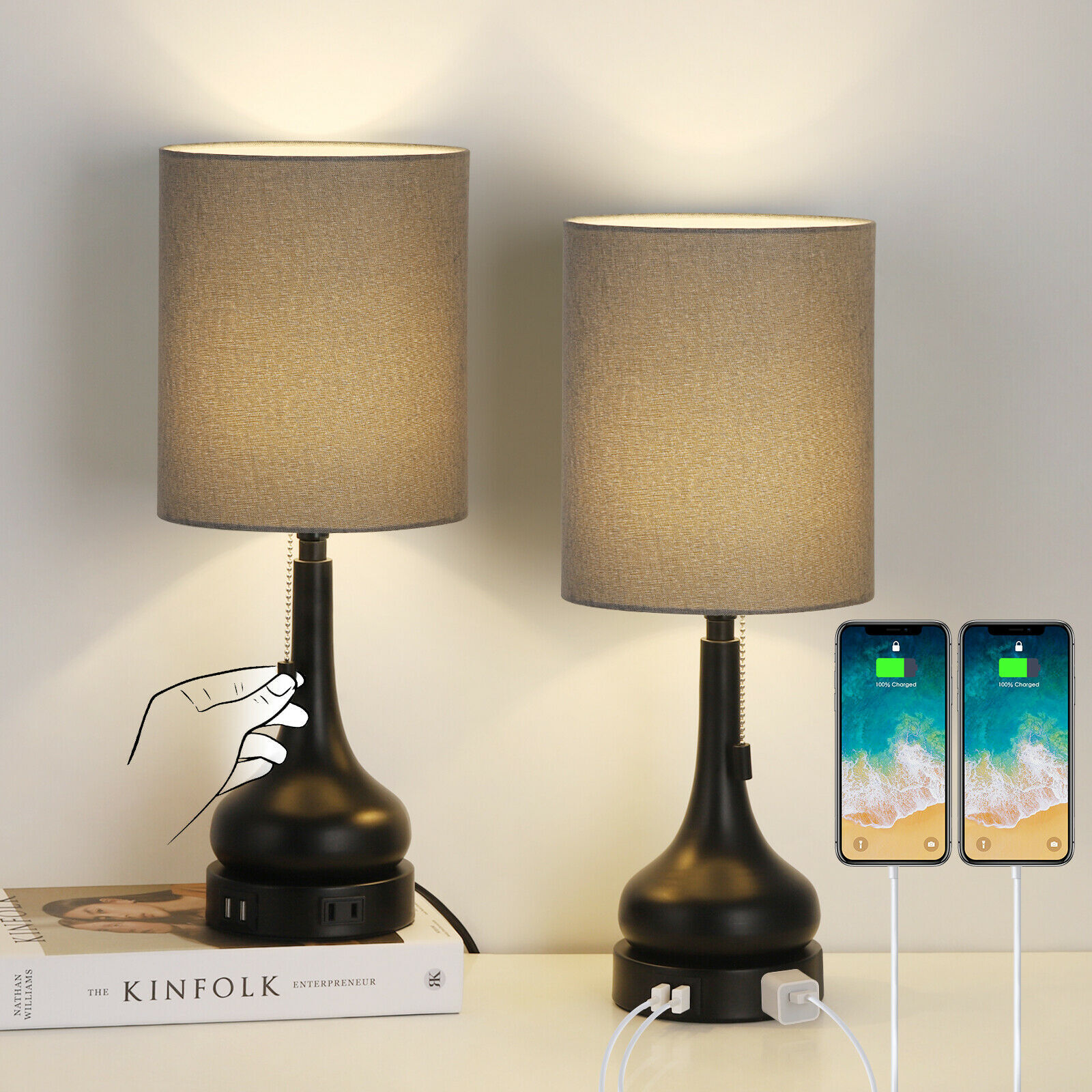 2 Pack Table Lamps Modern Bedroom Bedside Lamp w/USB Port Pull Chain
