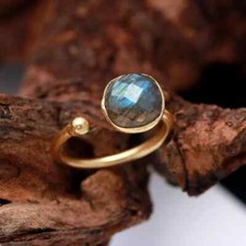 Labradorite 925Solid Silver-Gold Plated Ring-Cushion Cut Stone Ring-Gift For Her