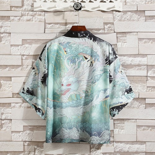 Men Japanese Kimono Coat Loose Oriental Dragon Crane Print Tops Retro Yukata - Picture 3 of 16
