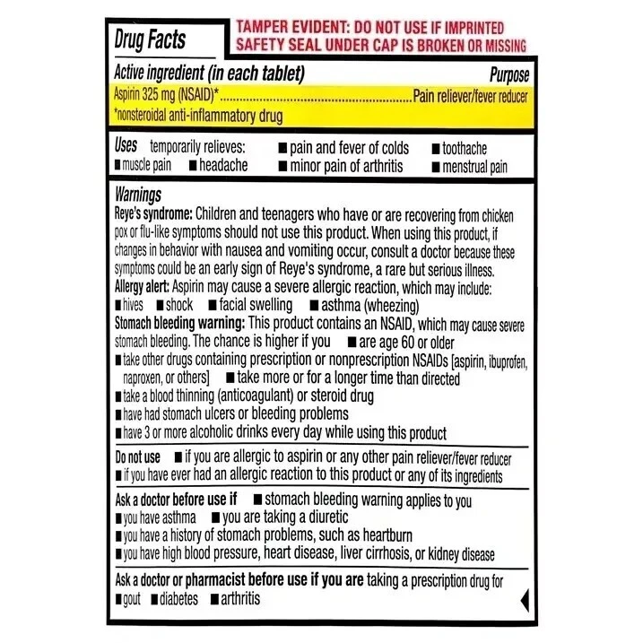 325 mg Back Muscle Pain Reliever/Fever Reducer Equate Aspirin Tablets 500 Ct - Image 4 of 4