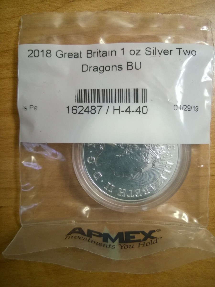 2018 Great Britain 1 Oz .999 Silver Coin Two Dragons BU in
