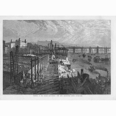 LONDON Progress of Thames Embankment at Westminster Bridge - Antique Print 1865