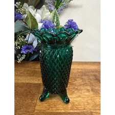Imperial Glass Lace Edge Footed Vase – Dark Teal Green Mid-Century Collectible