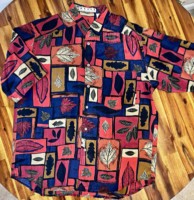Vintage 80s 90s Basix Fenn Wright & Manson Unisex S Abstract Silk Button Up