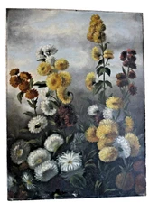 BIG 23" ANTIQUE VICTORIAN OIL PAINTING MUM FLOWERS FOLK ART COUNTRY PRIMITIVE