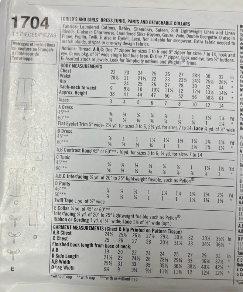 Simplicity Suede Sewing Pattern Girls Dress Top Pants Size 3-6 New Uncut 1704 - Image 2 of 3