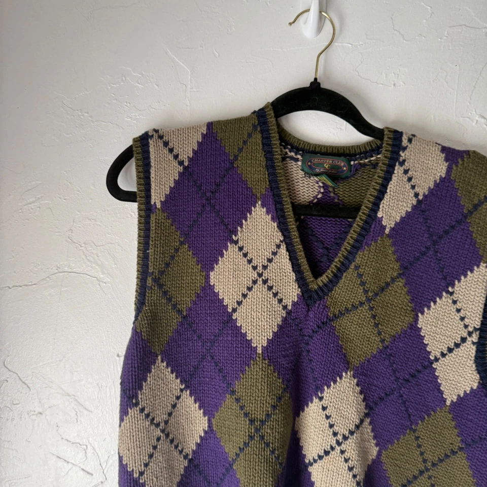 Chaleco Suéter Para Hombres Charter Club Vintage Argyle Sin Mangas Preppy Tejido Academia Foto 2 de 4