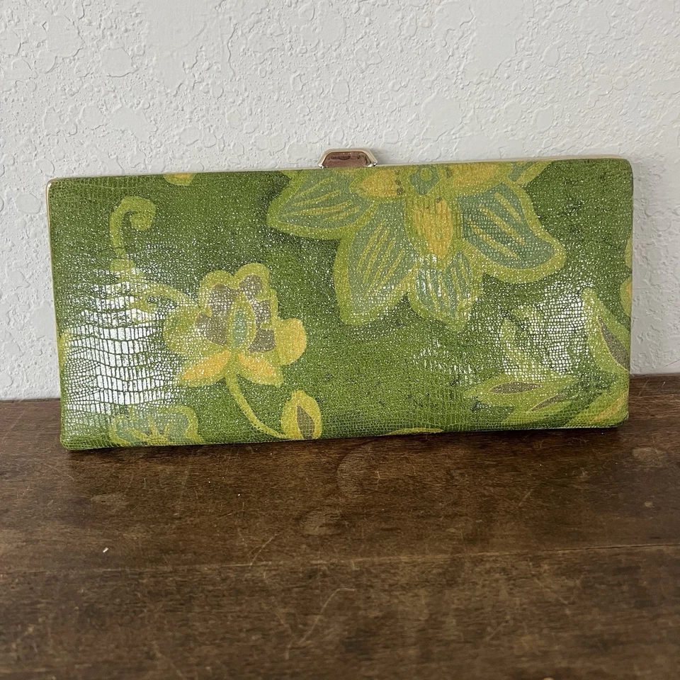 VTG Green Floral Retro Clutch Purse Handbag Silver Metal Frame And Clasp EUC - Image 2 of 4