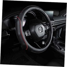 Universal 15 inch Leather Steering Wheel Cover - Genuine Black with Red Lines