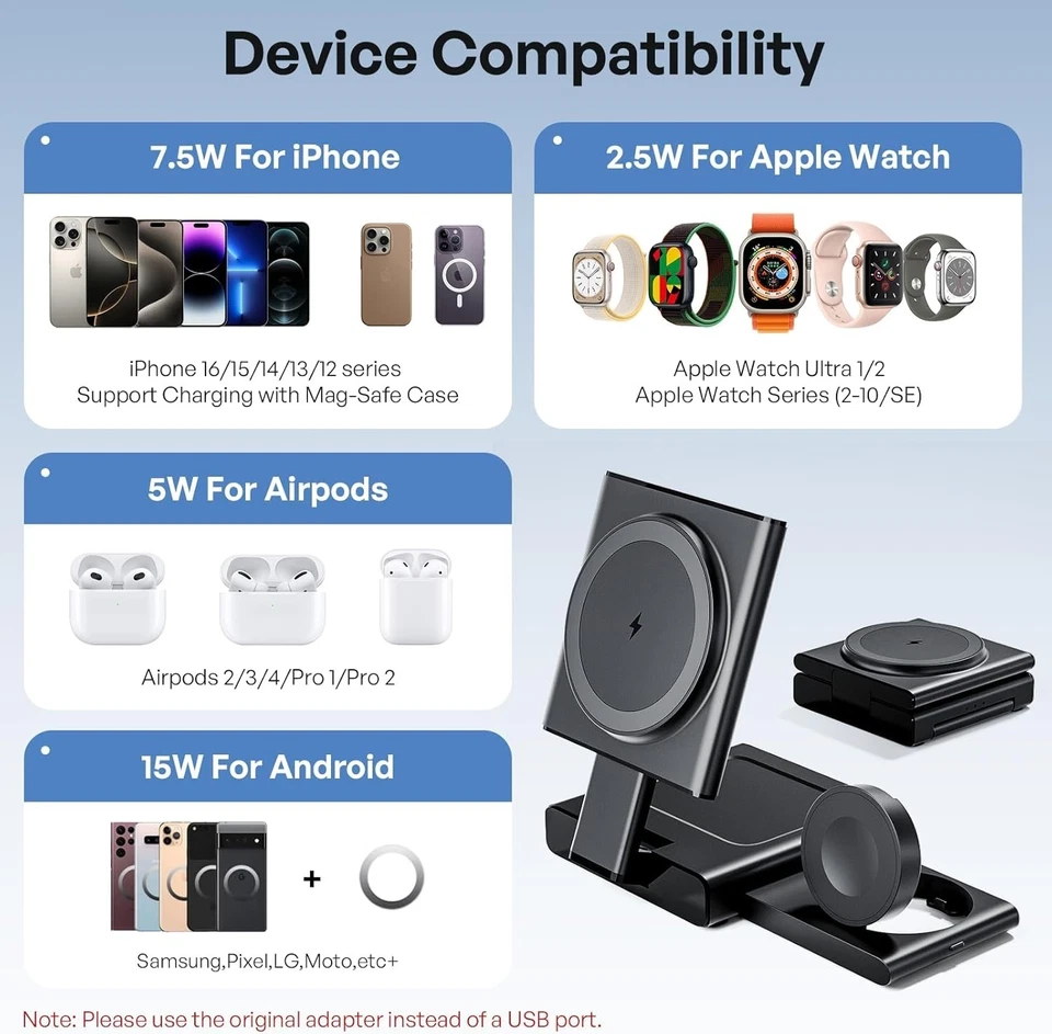 Wireless Foldable 3 in 1 MagSafe Charging Station for iPhone Airpods Apple watch - Image 3 of 4