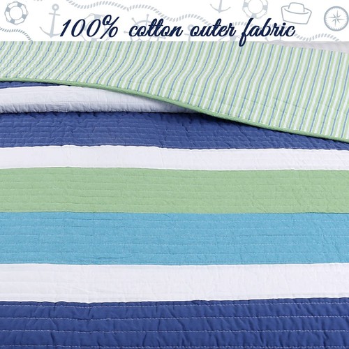 Cozy Line Home Fashions Waylon Navy Blue Green White Striped 100% Cotton Reve... - 第 4/6 張圖片