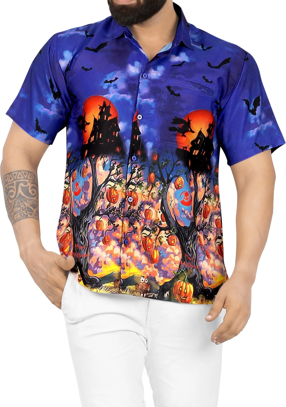 HAPPY BAY Mens Hawaiian Short Sleeve Button Down Shirts XXL Haunted Tree, Blue