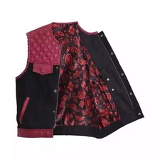 Men's Black Burgundy Leather Motorcycle Club Vest Quilted Biker Riding Vest
