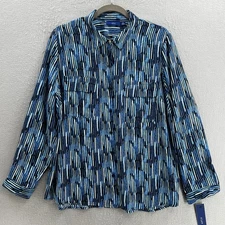 APT 9 Top Womens XL Blue Button Up Shirt Long Sleeve Collared Chiffon Chest Pock