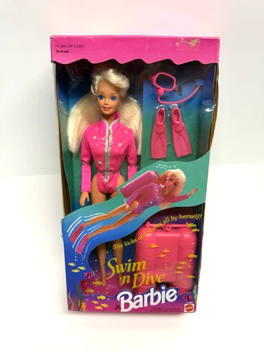 VINTAGE 1993 Barbie Swim 'n Dive Barbie Doll w/Swim Accessories Mattel # 11505