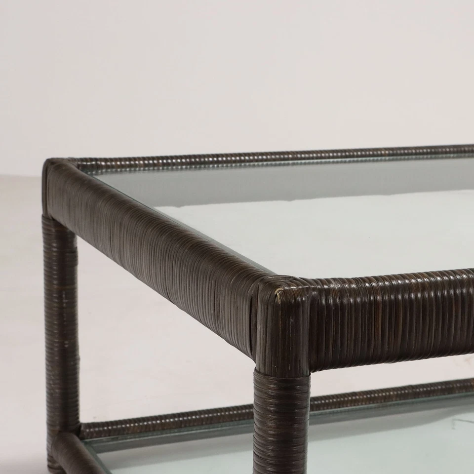 Table Basse Ancienne Osier Double Plateau Verre Italie XXe Siècle Originale - Photo 4/4