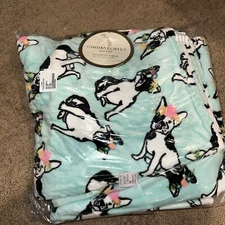 Cynthia Rowley French Bulldog Boston Terrier Flower Blanket 60 x 70 Throw New