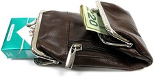 Cow Leather Cigarette Case  Coin Pouch Combo 2 Kiss Lock  Zipper Pocket- BROWN