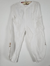 Vintage Italian White Linen Cargo Cropped Pants Elastic Waist Casual Pull-On