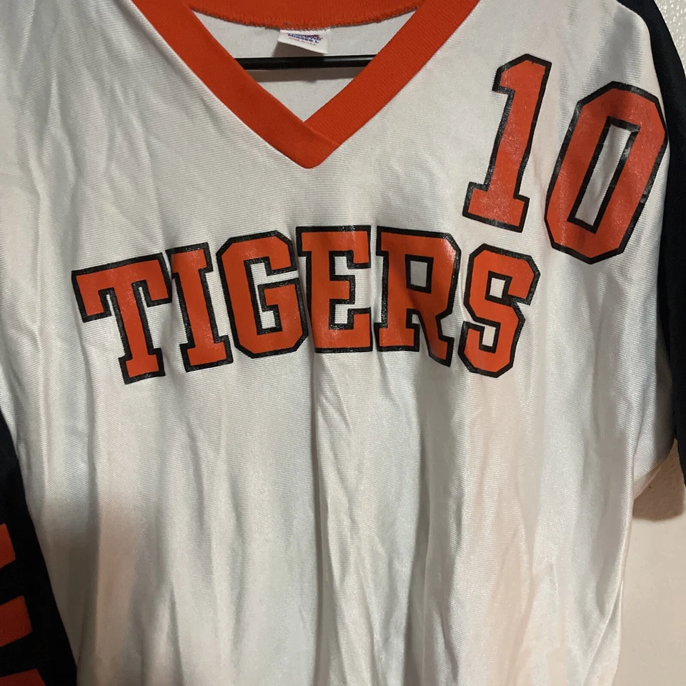 Camiseta deportiva vintage Russell Athletic Tigers cuello en V para hombre L naranja blanco negra EE. UU. #10 Foto 2 de 4