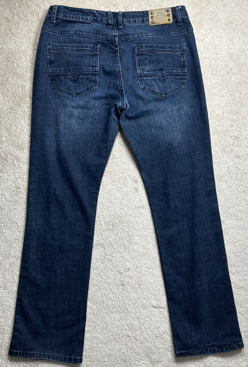 Platini Jeans Men's Sz 36x32 Blue Faded Whisker Studded Back Label Stretch EUC!