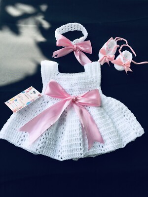 crochet baby dress set 0-3 month baby white dress with handmade headband &  shoes | eBay