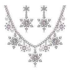 Christmas Necklace Colorful Sparkly Rhinestone Pearl Silver Snowflake