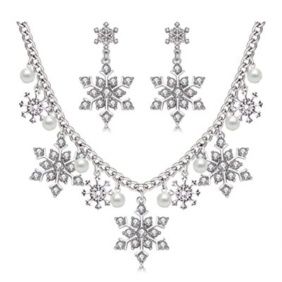  Christmas Necklace Colorful Sparkly Rhinestone Pearl Silver Snowflake