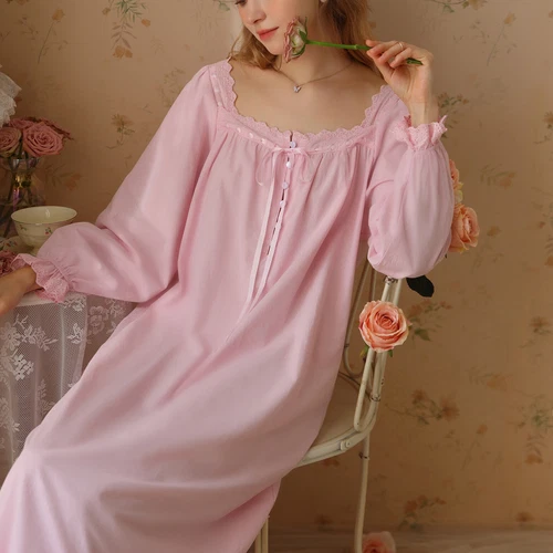 Women's Cotton Nightgown Princess Square Neck Long Sleeve Sleep Dress - Picture 18 of 53