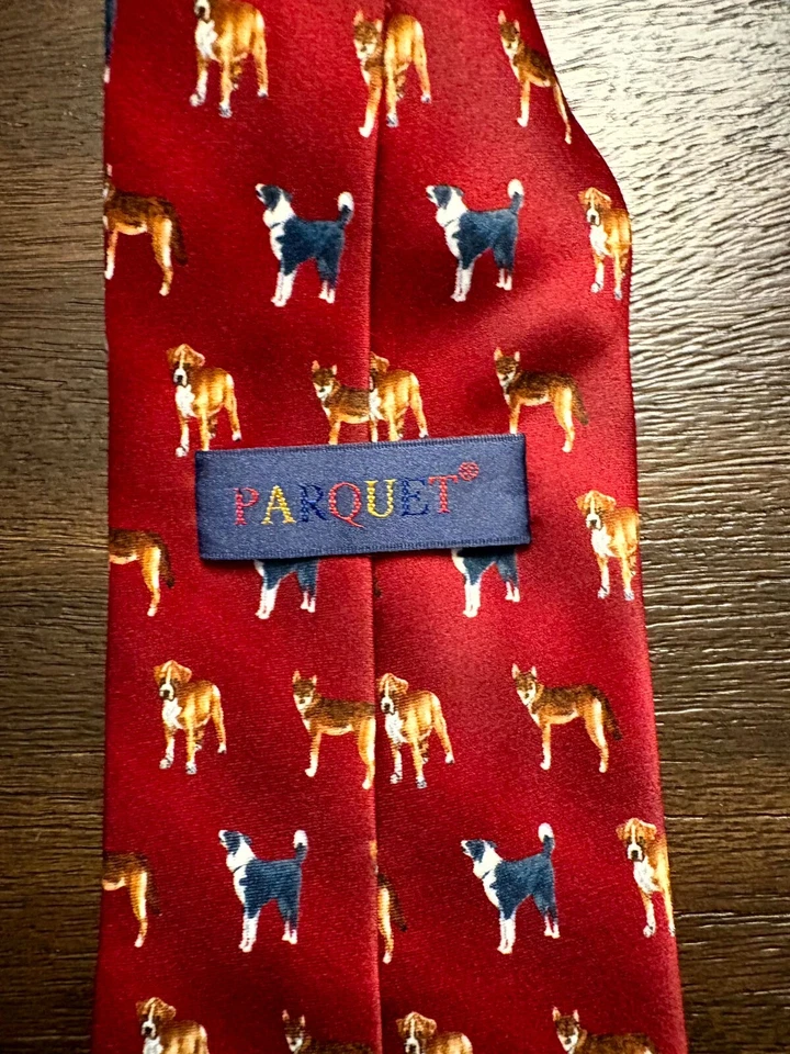 Vintage Parquet Mens Red Dog Print 100% Polyester Animal Lovers Novelty Neck Tie - Image 4 of 4
