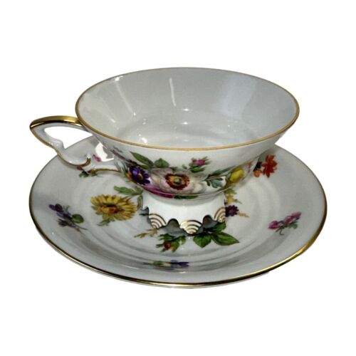 Mitterteich Bavaria Meissen Floral Cup 4" Saucer 6" Gold Trim Germany - Picture 3 of 5