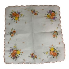 Vintage MCM Boho Orange Yellow Floral Hanky Handkerchief Scalloped Edge 12  Mod