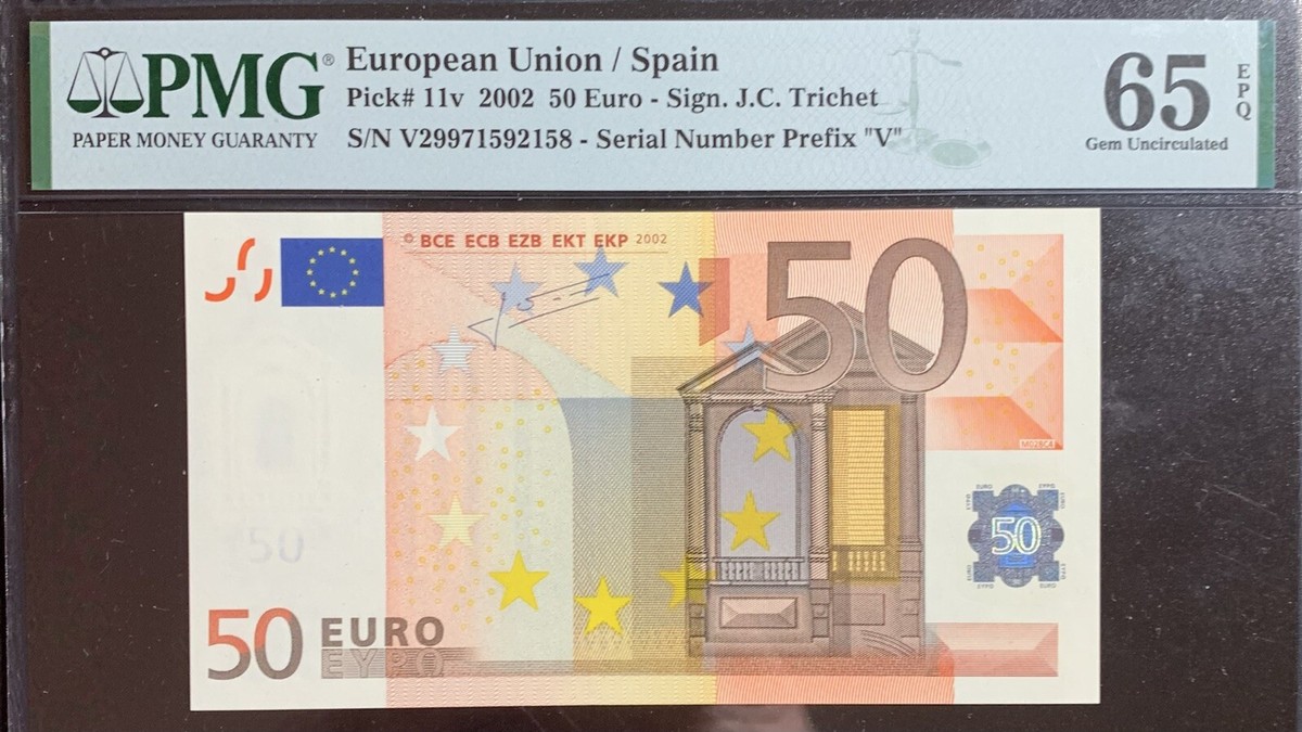 PMG 65 European Union / Spain 2002 / 50 euros Prefix ( V ) Trichet Mes |  eBay