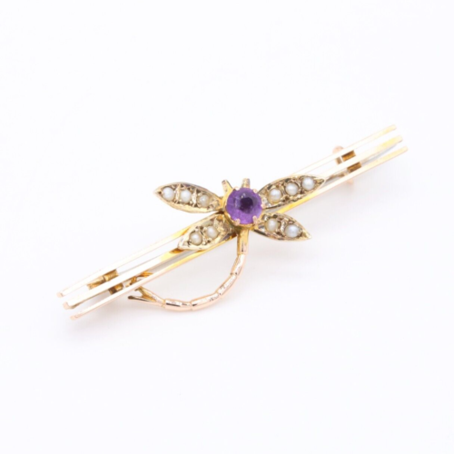 Antique 9K Yellow Gold Amethyst and Pearl Dragonfly Brooch - Imagen 1 de 10