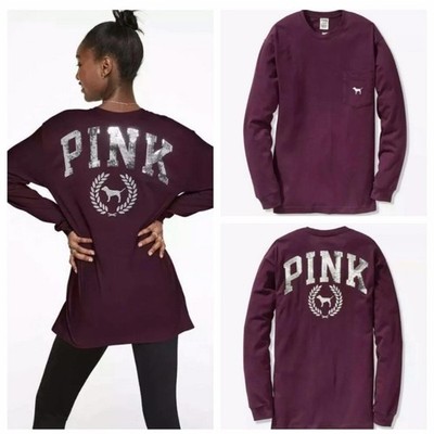 Victoria s Secret PINK Burgundy Long Sleeve Pocket Tee Sequin Logo