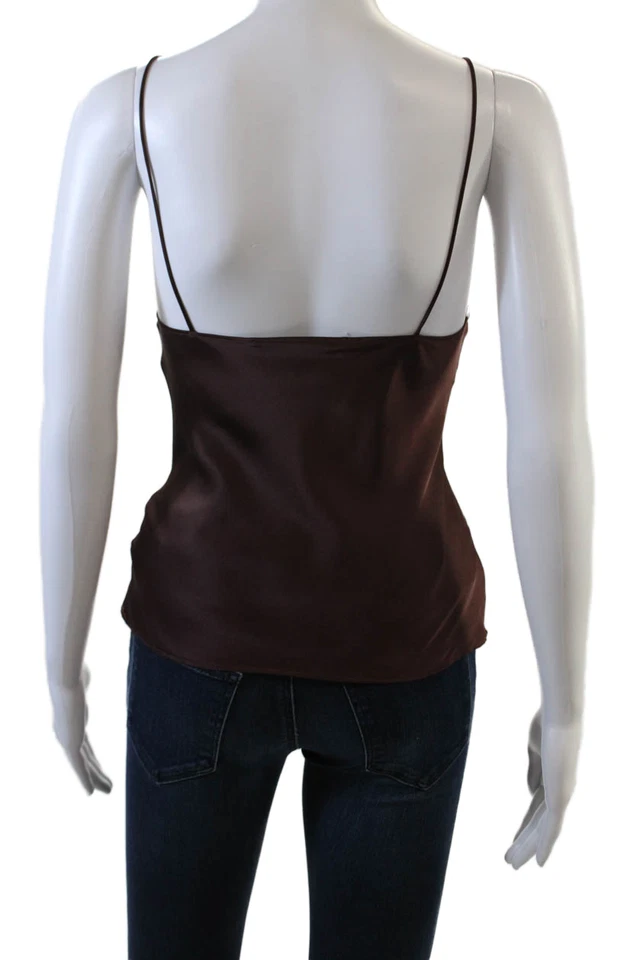 Blusa Top Leona Mujer Correa Espagueti Cuello en V Corbata Frontal Satén Marrón Pequeña Foto 3 de 4