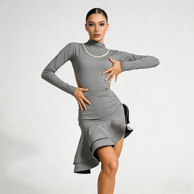 NEW Latin salsa tango rumba Cha cha Ballroom Dance Dress Top&Skirt#G962 Gray