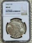 1922 S San Francisco PEACE SILVER DOLLAR $1 NGC MS62 Unc Rare