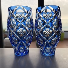 Paar kobaltblaue geschliffene auf klare bauchige Kristallvase Nachtmann böhmische MCM Vasen